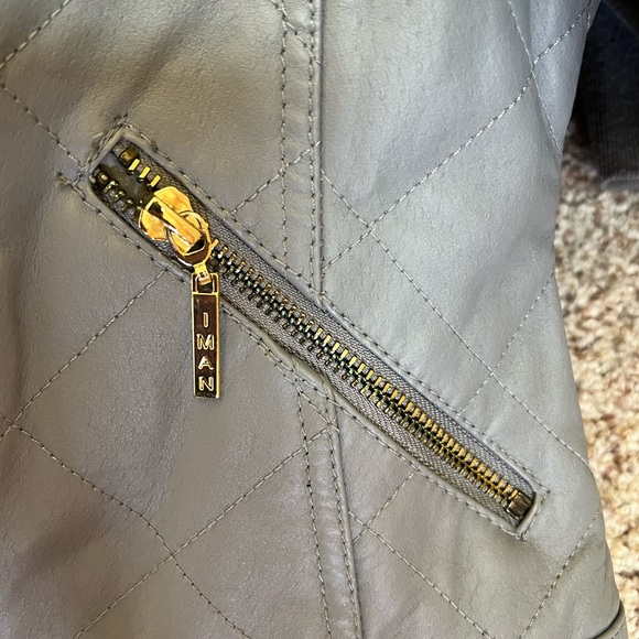 IMAN Gunmetal Gray Quilted Leather Jacket with Faux Fur Collar Moto - Picture 6 of 10